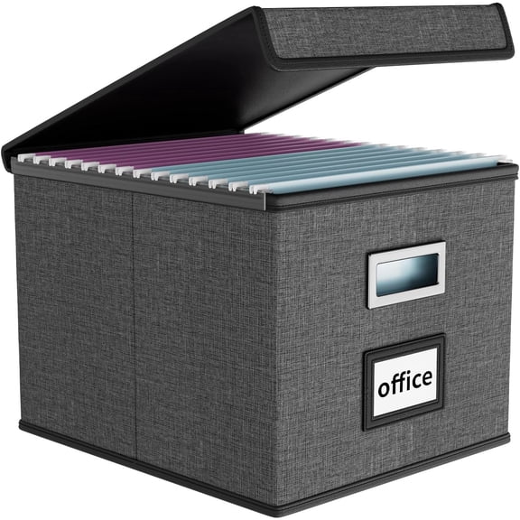 Collapsible File Storage Organizer Boxes with Lids, Linen Office Document Storage Box, Filing Box, Decorative Small File Box for Hanging File, Single File Box with Plastic Slide for Office/Decor/Home