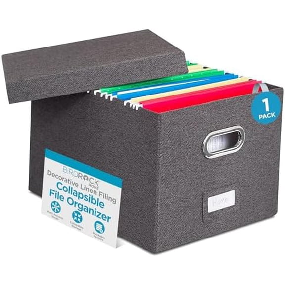 Collapsible File Storage Organizer | Decorative Linen Filing & Storage Office Box | Letter/Legal | Grey