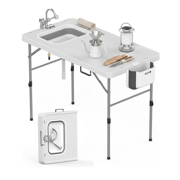 Collapsible Fish Cleaning Table with Basin and Faucet – Portable Outdoor Camping Table – HDPE Tabletop, Powder Coated Steel Legs, Drainage Hose, Fold-in-Half Design – Perfect for Backyard, Patio