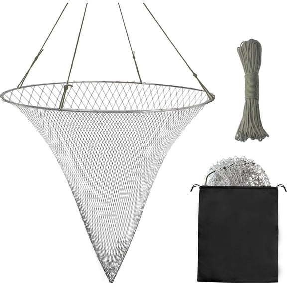 Collapsible Fishing Net with Rope, 35in Foldable Landing Net, Heavy Duty Bridge Pier Fishing Net, Portable Steel Hoop Net for Boat Dock Kayak, Large Fish Crab Catching Net with Storage Bag for Summer