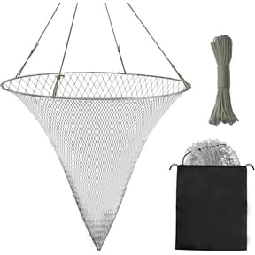 Collapsible Fishing Net with Rope, 35in Foldable Landing Net, Heavy Duty Bridge Pier Fishing Net, Portable Steel Hoop Net for Boat Dock Kayak, Large Fish Crab Catching Net with Storage Bag for Summer
