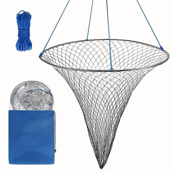 Collapsible Fishing Net with Rope 39 Inch, Foldable Stainless Steel Pier Fishing Net with Carry Bag, Lightweight Drop Net for Dock Bridge Boat Fishing Crab and Fish