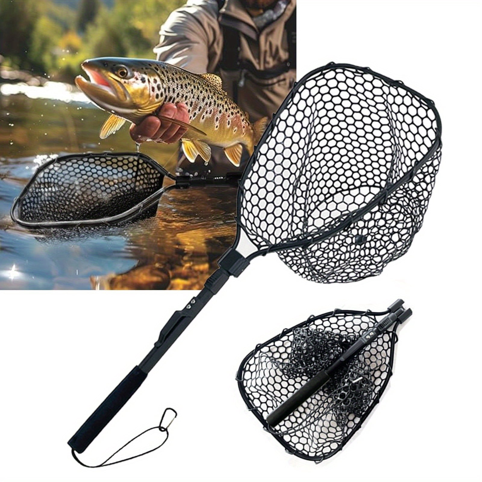 Collapsible Fly Fishing Landing Net with Soft Rubber Mesh, Safe Catch & Release Design, Aluminum Alloy Frame, Comfort EVA Handle and Durable Carabiner