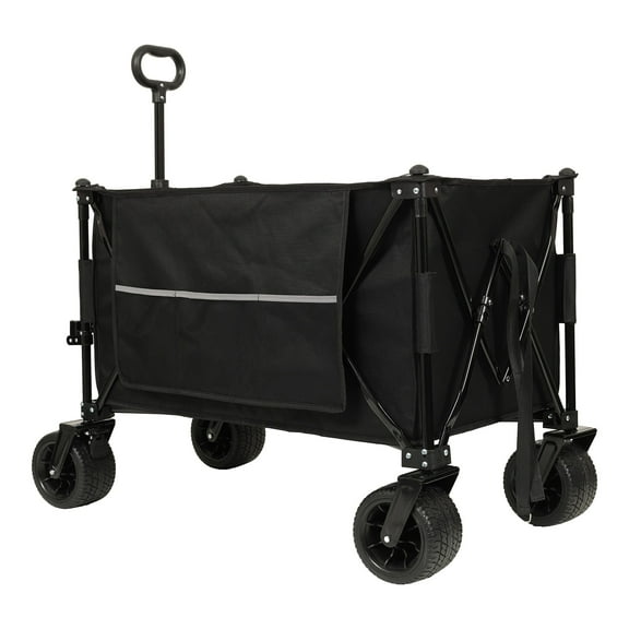 Collapsible Foldable Extended Wagon,480lbs Weight Capacity, Heavy Duty Folding Utility Garden Cart with Big All-Terrain Beach Wheels & Drink Holders,Side Pocket and Brakes, Black