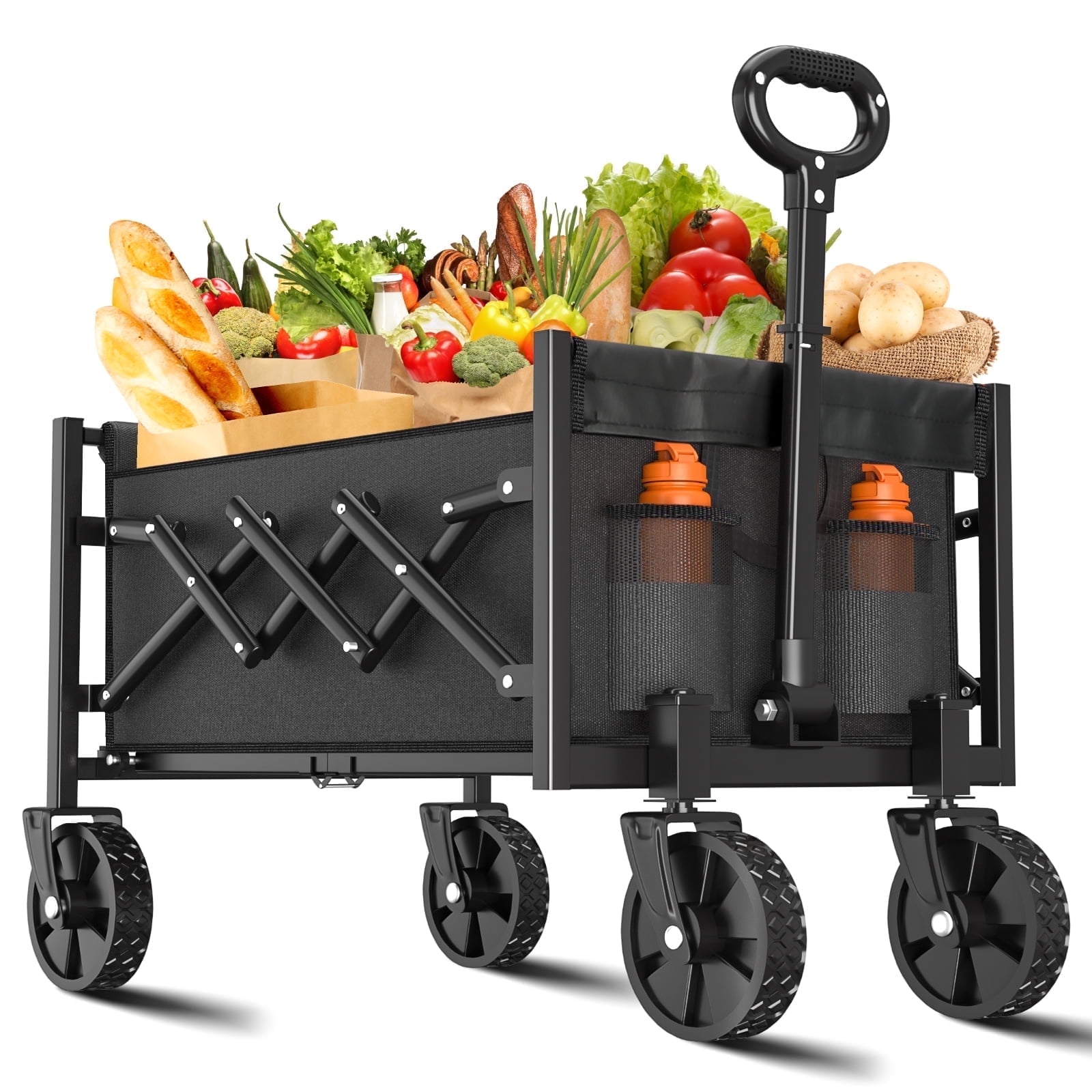 YUWENUS Collapsible Wagon 150L Capacity Beach Wagon Foldable Lightweight Wagon with Wheels for Camping, Beach, Black