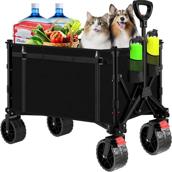 Collapsible Foldable Wagon Cart, Folding Wagon Cart with All-Terrain Wheels,Utility with Brakes for Grocery, Garden, Shopping, Outdoor, Beach