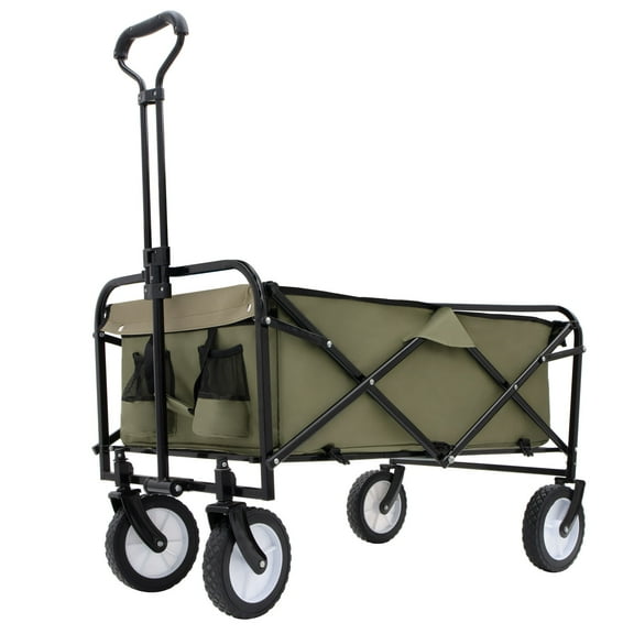 Collapsible Foldable Wagon Cart with Strapping System, Utility Storage Cart with All-Terrain Wheels, Grocery Cart for Camping/Shopping/Sports/Gardeing/Fishing, Green
