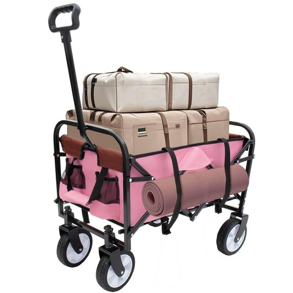 Collapsible Foldable Wagon Cart with Strapping, Utility Beach Wagon Cart Wagon Grocery Cart for Camping Shopping