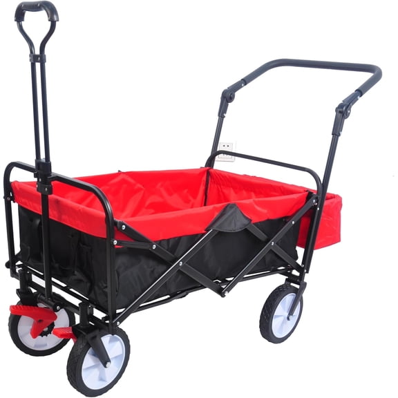 Collapsible Foldable Wagon, Heavy Duty Steel Frame Collapsible Folding Outdoor Camping Garden Utility Wagon Yard Cart, Wagon for Sports, Shopping, Camping, Black-Red