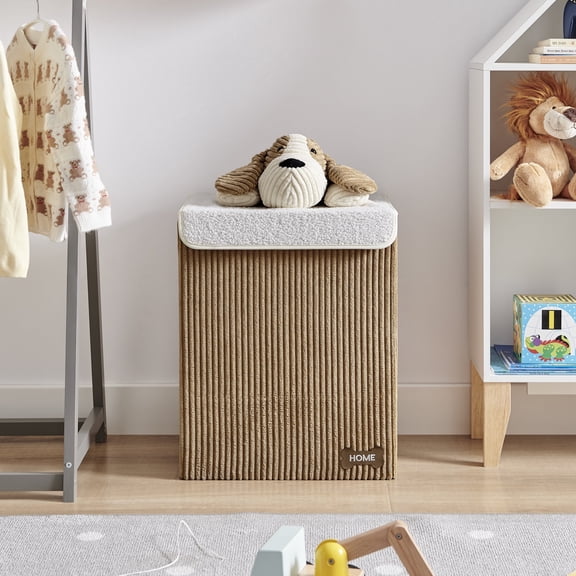 Collapsible Folding Corduroy Kids Plush Laundry Hamper Toy Storage - Brown/White Dog