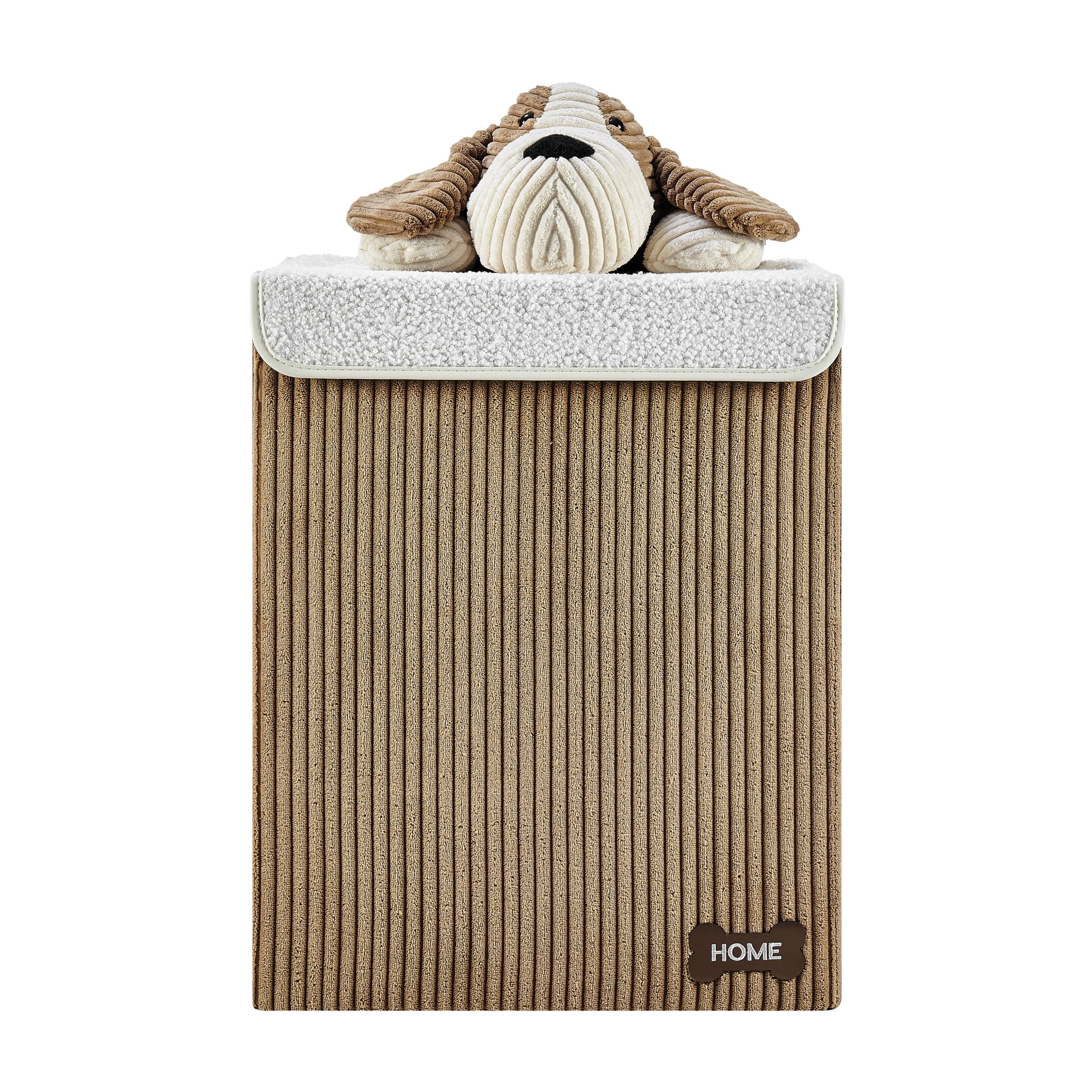 Brown Corduroy Collapsible Kids Hamper with Plush Dog Lid