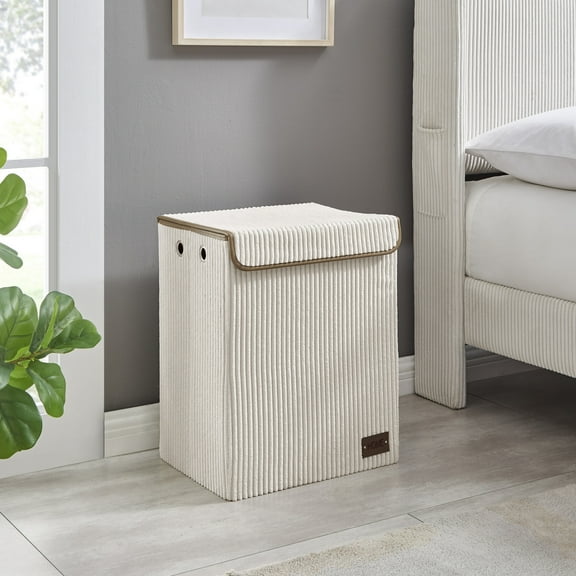 Collapsible Folding Corduroy Low Profile Laundry Hamper Storage - Cream White