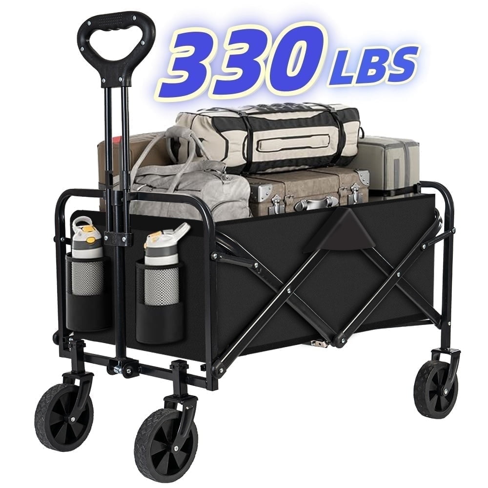Collapsible Foldable Wagon Cart Portable Folding Utility Grocery Shopping Cart with Wheels, 27 inches in Height, Black
