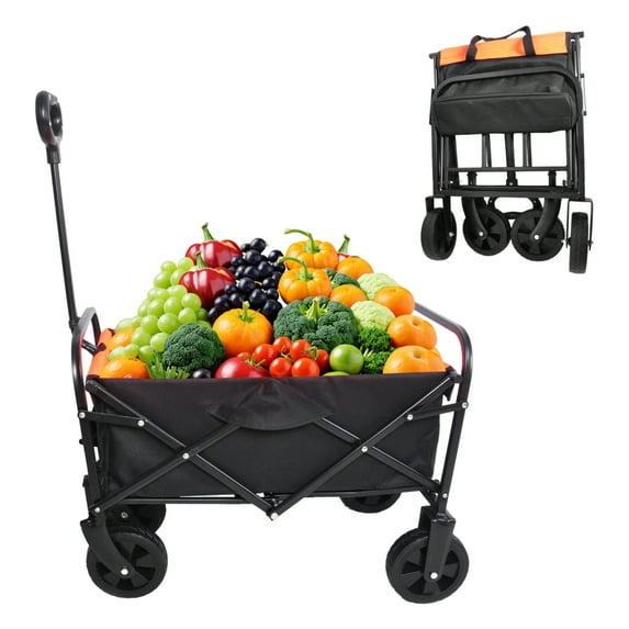 Collapsible Folding Wagon, 150LBS Large Heavy Duty Utility Garden Cart with All-Terrain Wheels and Adjustable Handles for Shopping Camping Sports Outdoor Beach, Orange