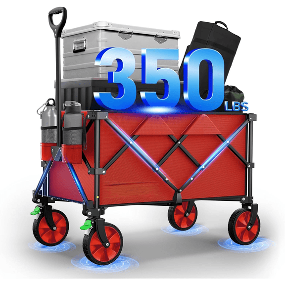 Collapsible Folding Wagon, 350 lb Load-Bearing Outdoor Utility Cart with Silent Universal Wheels, Cup Holders &Side Pockets, Adjustable Handle, for Camping, Garden, Sports, Picnic, Shopping