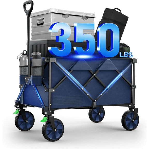 Collapsible Folding Wagon, 350 lb Load-Bearing Outdoor Utility Cart with Silent Universal Wheels, Cup Holders &Side Pockets, Adjustable Handle, for Camping, Garden, Sports, Picnic, Shopping