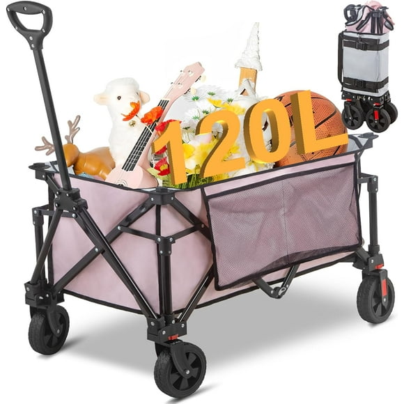Collapsible Folding Wagon Cart, 220LBS Heavy Duty Foldable Utility Garden Cart with All Terrain Wheels & Side Storage Bag, Portable Sports Wagon for Camping, Shopping, Garden. (Pink)