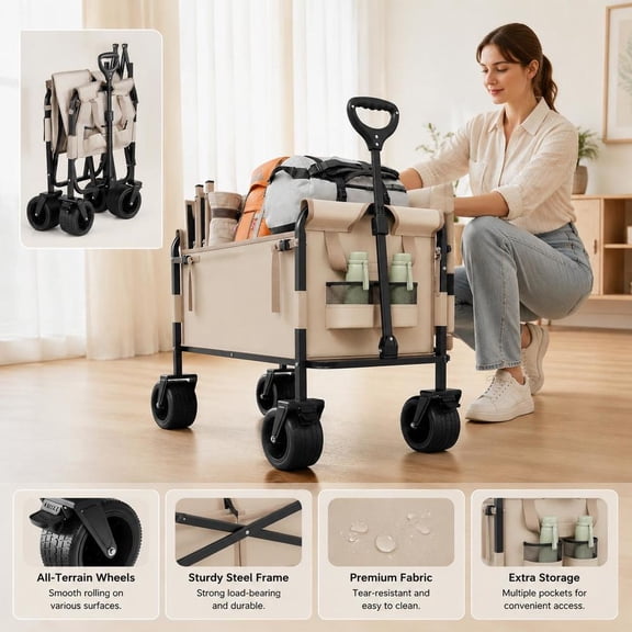 Collapsible Folding Wagon Cart, 550Lb Capacity Utility Cart Converts to Bench, Adjustable Handle, All Terrain Wheels, Khaki