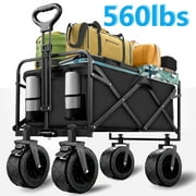 560lbs Collapsible Folding Wagon, Big Bucket Beach Cart, Heavy Duty Large Capacity Garden Wagon with All-Terrain Brake Wheels for Outdoor Camping, Shopping, Sports, Grocery, Kids, Black