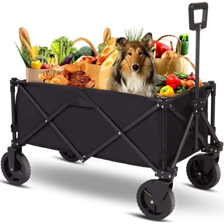 Collapsible Folding Wagon Cart Foldable: Portable Utility Pull Carts with All Terrain Wheel Multipurpose Heavy Duty Wagons for Outdoor Wide Camping Beach Sand Fishing Black