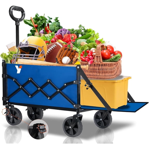 Collapsible Folding Wagon Cart with Tailgate - 300lbs Heavy Duty Foldable Utility Wagon and Wheels - 100L Lightweight Grocery Wagons for Shopping Camping Garden, Blue