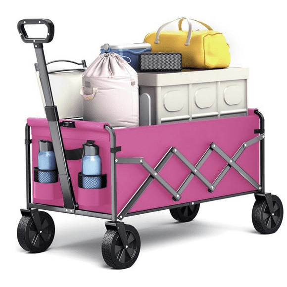 Collapsible Folding Wagon, Heavy Duty Foldable Wagon Cart with Wheel, Lightweight Utility Grocery Cart with 200lbs Weight Capacity for Garden, Beach, Camping Sports, Fishing (Pink)