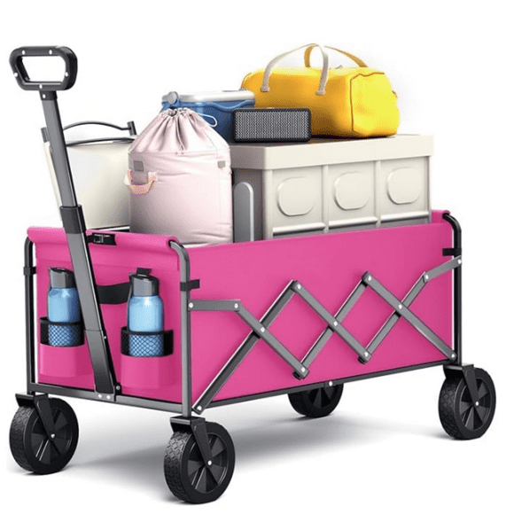 Collapsible Folding Wagon, Heavy Duty Foldable Wagon Cart with Wheel, Lightweight Utility Grocery Cart with 200lbs Weight Capacity for Garden, Beach, Camping Sports, Fishing (Pink)