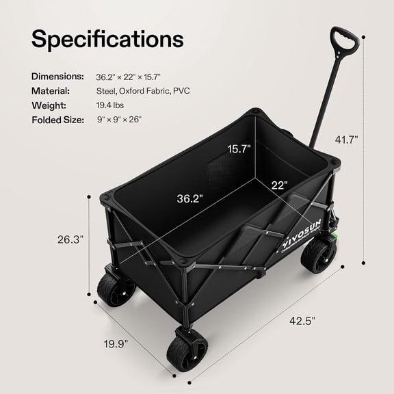 Collapsible Folding Wagon, Outdoor Utility with Silent All-Terrain Wide Wheels, Adjustable Handle, Cup Holders & Side Pockets, for Camping, Beach, Shopping, Garden, Sports, Picnic, Black