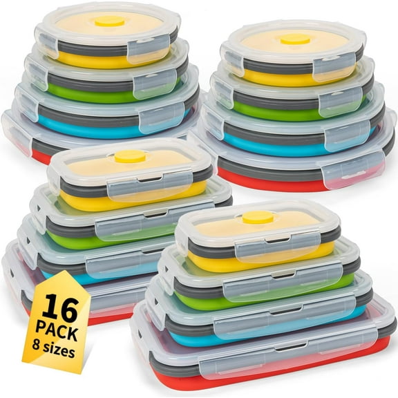 Collapsible Food Storage Containers with Lid and Air Vent 16 Pack 8 Rectangular 8 Round Microwave Freezer Dishwasher Safe 4 Colors