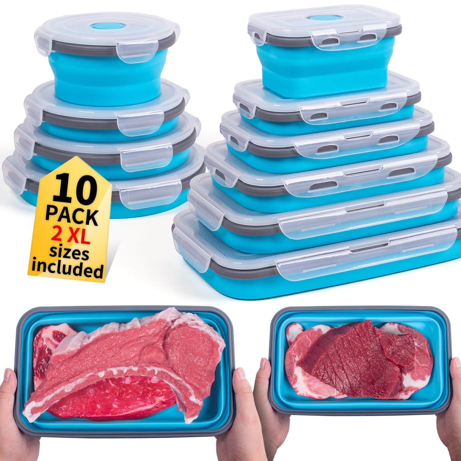 Collapsible Food Storage Containers with Lids 10 Pack(81oz/58oz Large ...
