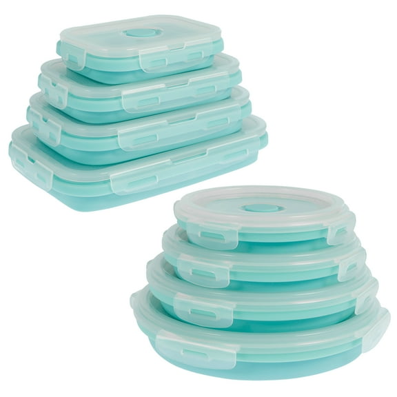 Collapsible Food Storage Containers with Lids Set of 8 Rectangle Bowls for Camper Storage and Organization RV Camping Accessories Decor for Inside Must Haves Flat Box Stacks Microwavable Blue