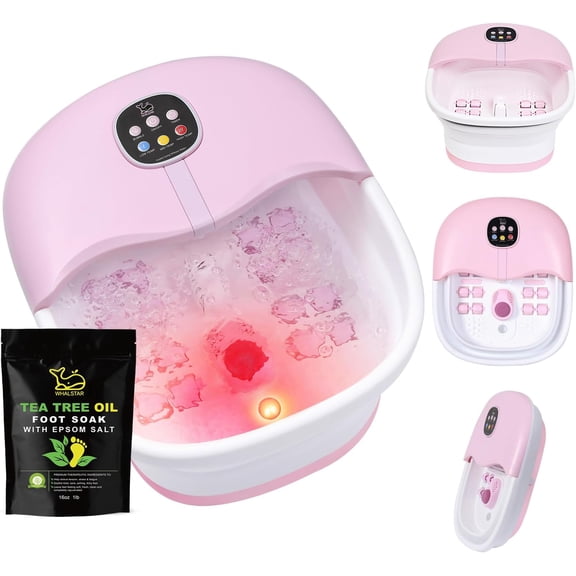 Collapsible Foot Spa Bath Massager with Heat Bubbles Vibration Jets Red Light and Remote Pink