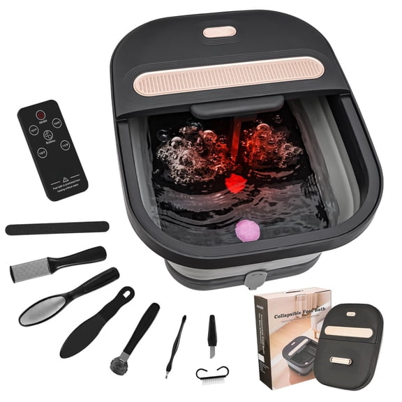 Collapsible Foot Spa Bath with Heat Bubble Jets Temperature Control Remote Pumice Stone for Relaxation