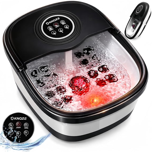 Collapsible Foot Spa Bath with Heat, Remote Control, Bubble Massage, Temperature Control, Red Light, Timer, 16 Rollers and Pumice Stone, Black