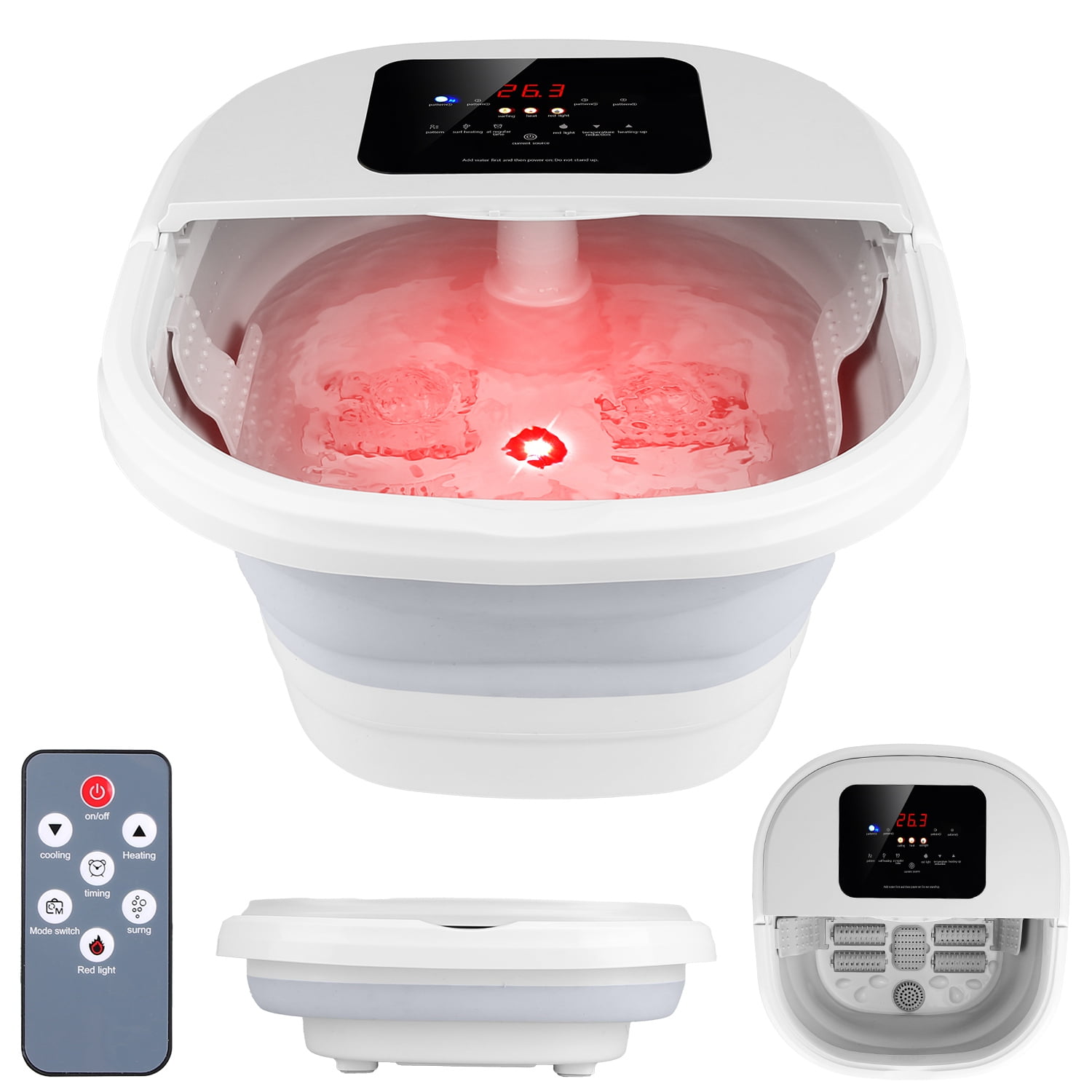 Collapsible Foot Spa Massager TeqHome Electric Foot Soaking Tub with Bubbles Heating Red Light Temperature Control Timer Remote Control White