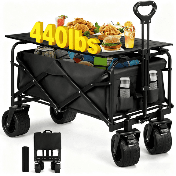 Collapsible Folding Utility Wagon Cart with Tabletop, 440 lbs Heavy-Duty Garden Wagon for Camping, Beach, Picnic, Outdoor Sports, Shopping & Grocery, Black