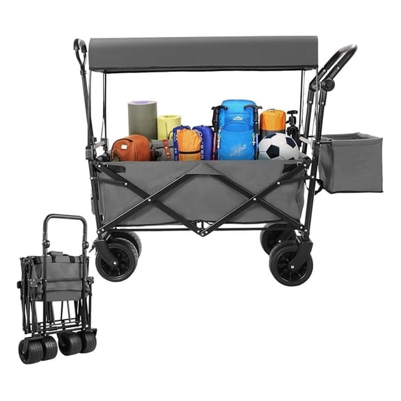 Collapsible Garden Cart w/Removable Canopy, Extra Large Folding Utility Wagon Carts w/7" Wheels, Heavy Duty Outdoor All Beach Wagon for Camping, Shopping, Picnic, Sports (Grey)