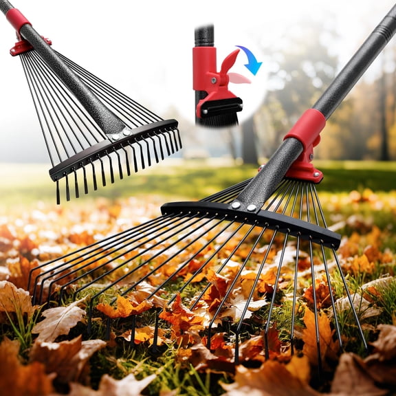 Collapsible Garden Rake, 8"-17" Expandable Metal Leaf Rake with 70" Long Handle, Lightweight Yard Rake for Leaves, Pine Needles, Flower Beds, Shrubs, Small Lawns and RV Camping