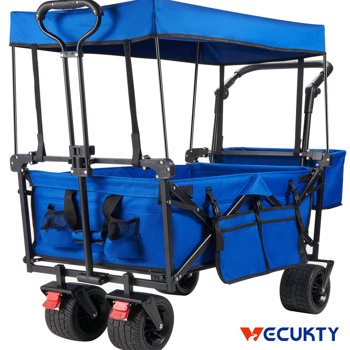 Collapsible Garden Wagon Cart with Removable Canopy, VECUKTY Foldable Wagon Utility Carts with Wheels and Rear Storage, Wagon Cart for Garden Camping Grocery Shopping Cart,Blue