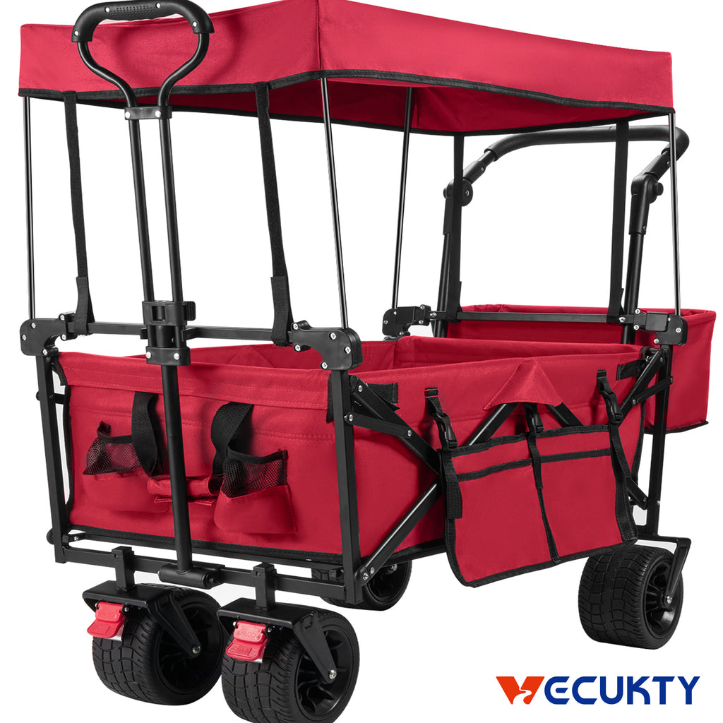 Collapsible Garden Wagon Cart with Removable Canopy, VECUKTY Foldable Wagon Utility Carts with Wheels and Rear Storage, Wagon Cart for Garden Camping Grocery Shopping Cart, Red - image 1 of 9