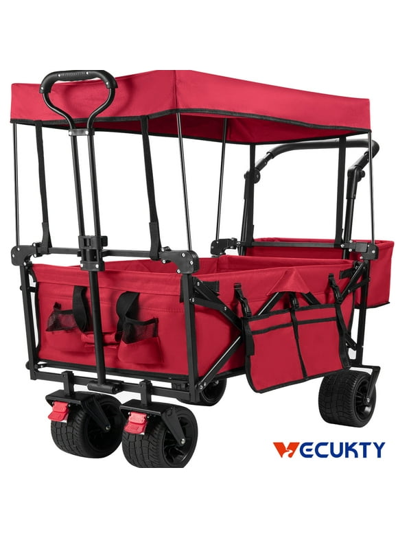 Collapsible Garden Wagon Cart with Removable Canopy, VECUKTY Foldable Wagon Utility Carts with Wheels and Rear Storage, Wagon Cart for Garden Camping Grocery Shopping Cart, Red