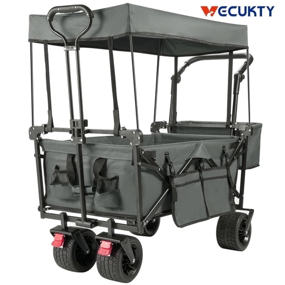 VECUKTY Collapsible Garden Wagon Cart with Removable Canopy Gray