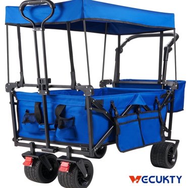 TAUS Heavy Duty Outdoor Collapsible Wagon With Removable Canopy Blue 220 Lb Cap
