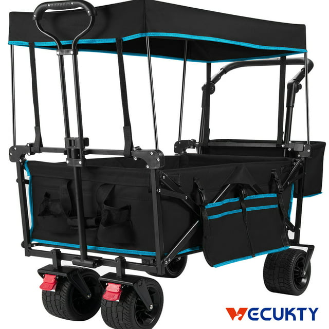 Collapsible Garden Wagon Cart with Removable Canopy, Vecukty Foldable Wagon Utility Carts with Fat Wheels and Rear Storage, for Garden Camping Grocery Shopping Cart,Black