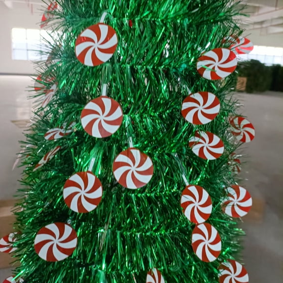 Collapsible Green Tinsel Christmas Tree with Peppermint Candy Ornaments, Slim Pop-Up Artificial Holiday Tree for Small Spaces Apartment Indoor Xmas Decor,7.5