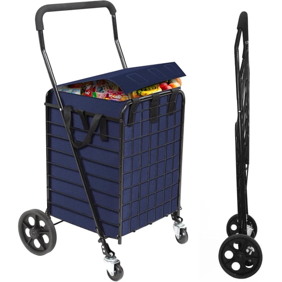 Collapsible Grocery Shopping Cart with Waterproof Liner, 360° Swivel Wheels Foldable Utility Cart 66lb Capacity & Extended Foam Handle - for Laundry, Supermarket, Travel (Medium)