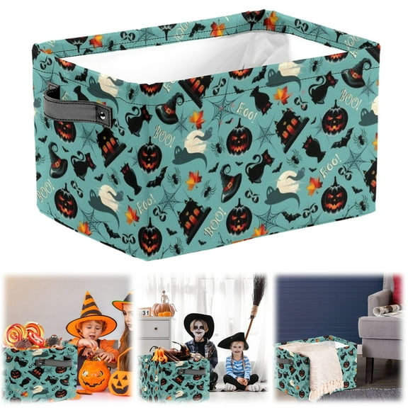 Collapsible Halloween Storage Basket for Kids – Rectangular Pumpkin Ghost Organizer Bin with Handles, Cute Room Decor for Halloween Parties, Multi-Purpose Toy/Clothes Basket (1 Pack)