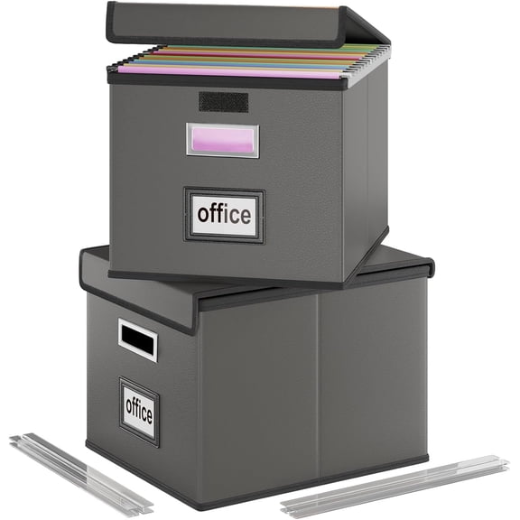 Collapsible Hanging File Organizer Box with Lid and Plastic Slides  Dark Gray Faux Leather and Cardboard, 2-Pack, Traditional Style