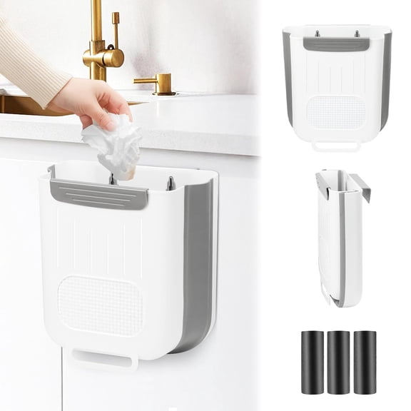 Collapsible Hanging Trash Can, Compost Bin Kitchen with 60pcs of Garbage Bags, 2.6 Gallon Plastic Folding Garbage Bin for Cabinet, RV, Camping, Bedroom