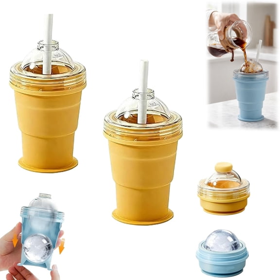 Collapsible Ice Ball Maker Cup with Straw, Leak Proof Foldable Silicone Ice Ball Drink Cup, Silicone Ice Puck Cup for Iced Coffee